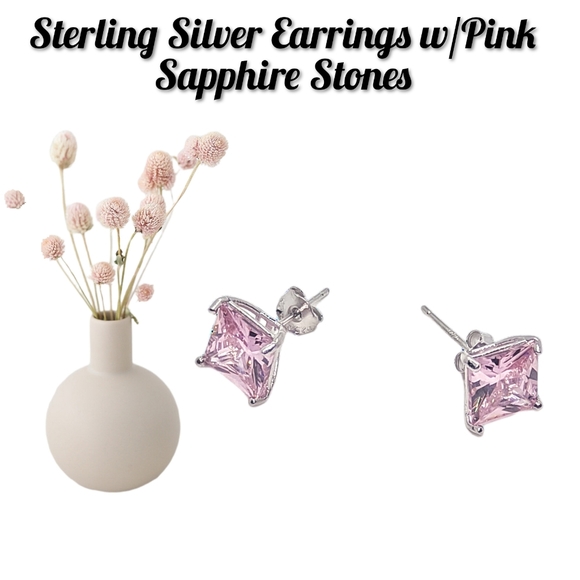 Sterling Silver Earrings with Created Pink Sapphire Stones - Picture 2 of 4